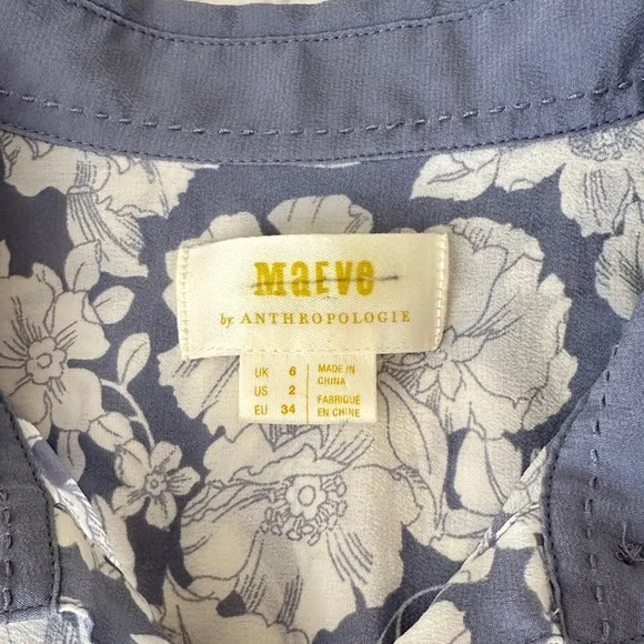 Anthropologie Maeve Blue White Rosalee 100% Silk Floral Blouse - Picture 4 of 11
